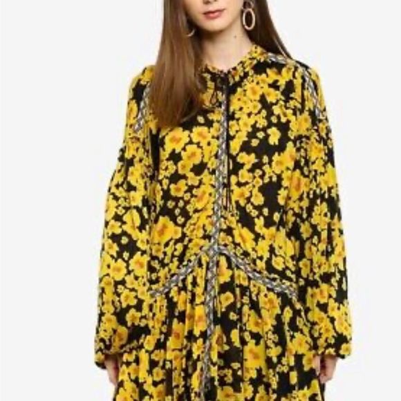 Free People Size Small Tunic Top Love Letter Black Combo Yellow Floral Shirt S. - Picture 2 of 12